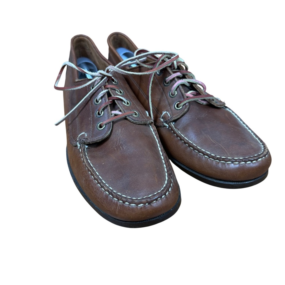 LL Bean Boat Shoes Mens 13 Brown Leather Made in USA Laced Moc Toe Loafers